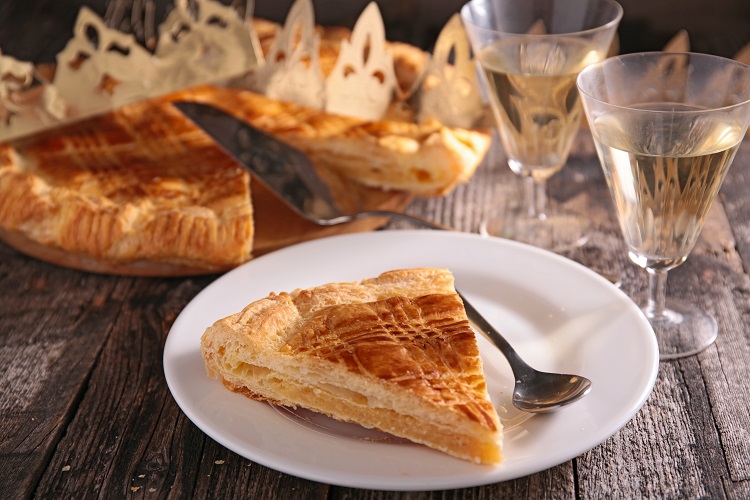 Galette des rois with frangipane and wine